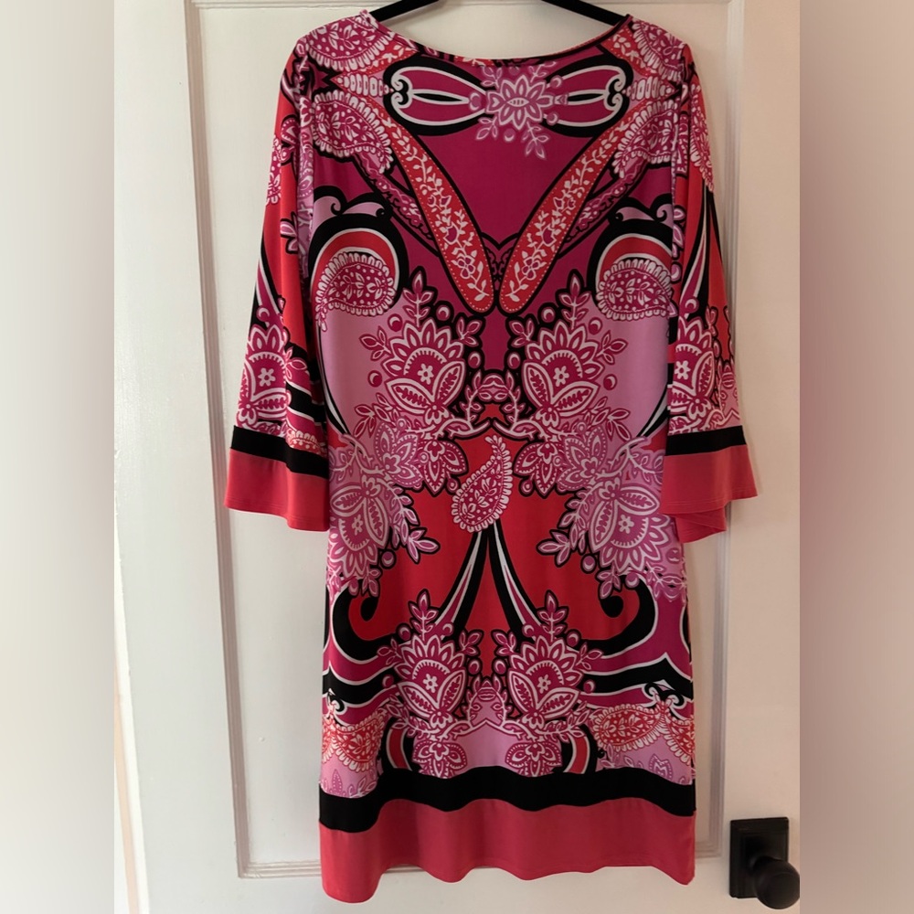 MSK Coral Pink Black Paisley 3/4 Bell Sleeves Vintage Retro Dress Size Lg